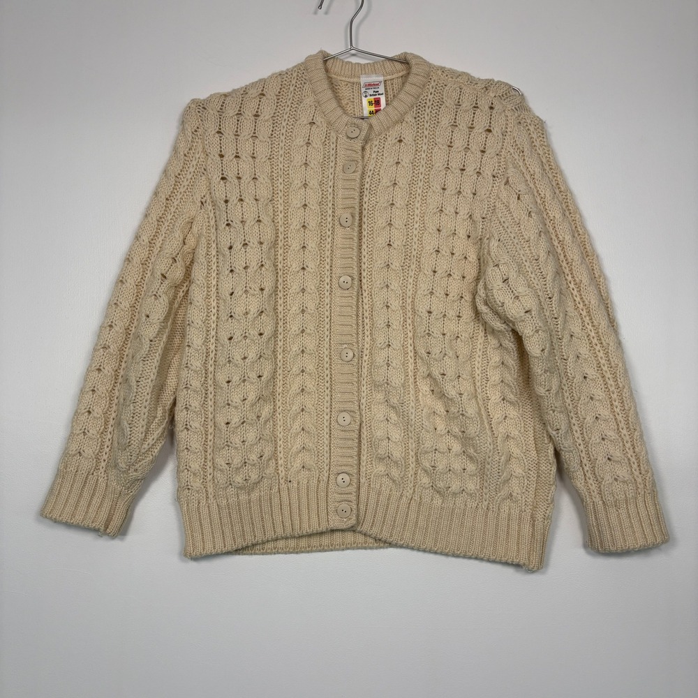 St Michael Womens Cardigan Sweater 16-18 Cream Pure British Wool Cable Knit UK